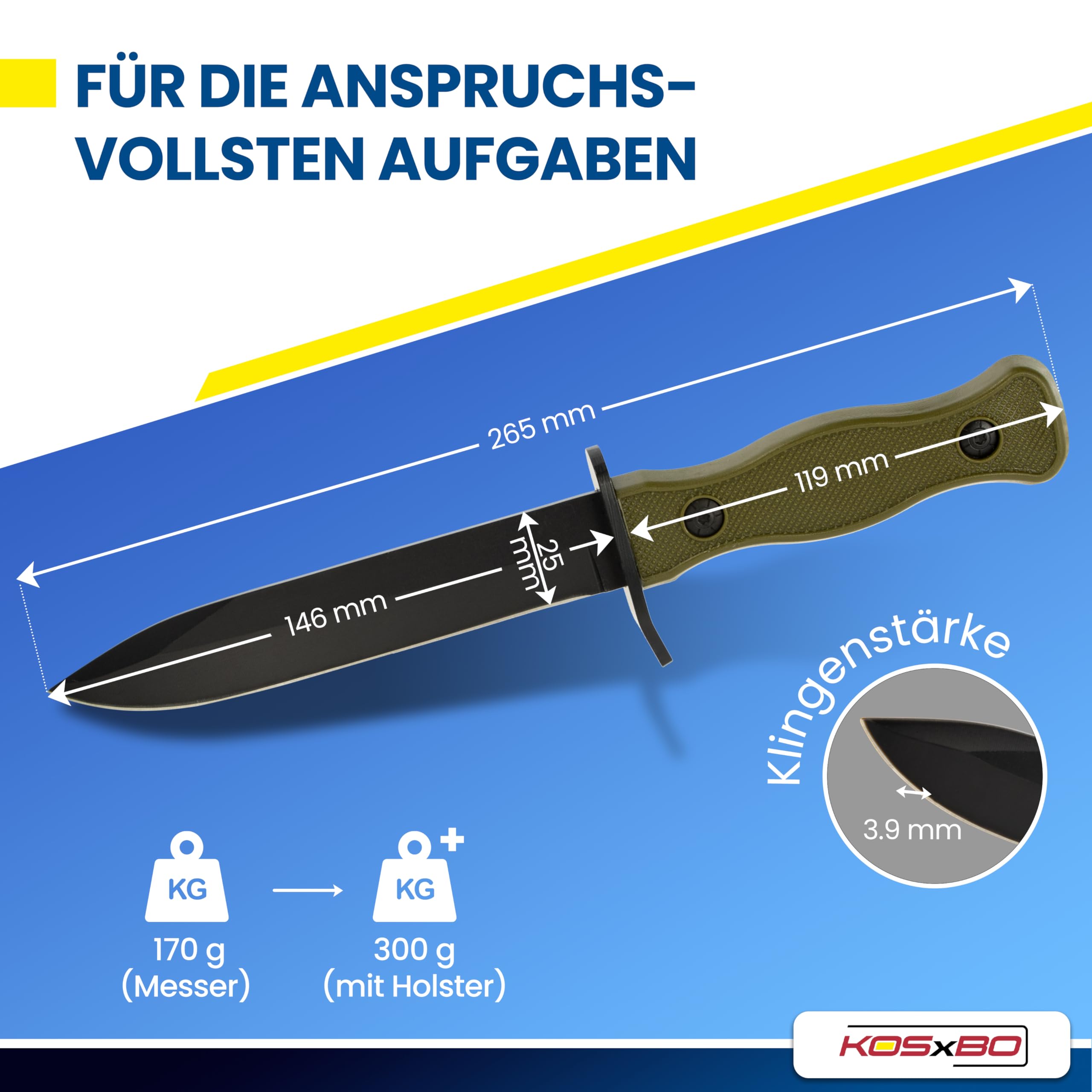 KOSxBO® BW Messer 26,5 cm - Multipurpose Militär Kampfmesser mit Schleifstein - taktisches Kampfmesser - Jagdmesser - Outdoor - Freizeitmesser grün schwarz - USA Knife