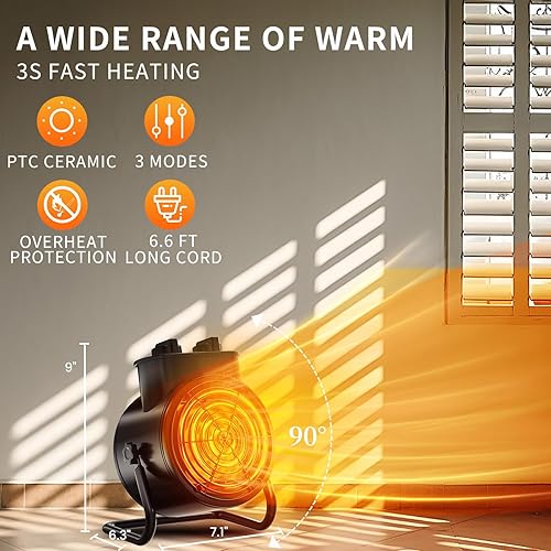 Miniatura 3 de VCJ Calentadores al aire libre para patio, calentador de invernadero portátil PTC de 1500W con protección contra sobrecalentamiento, 3 modos de