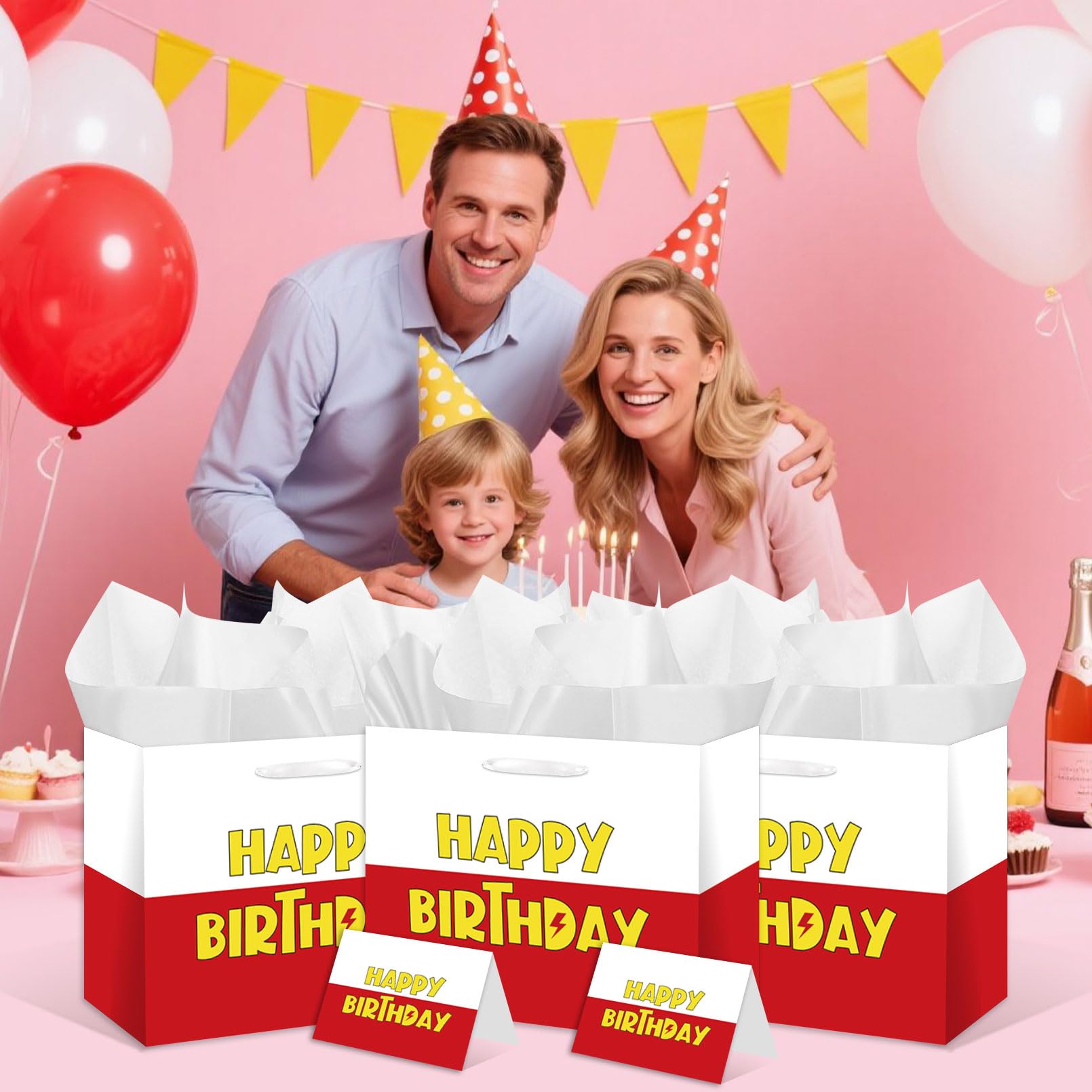 HSKMAKE Cartoon Animation Birthday Gift Bag Large Red White Party Favors Goodie Bag Cartoon Animation Happy Birtthday Gift Bag With Greeting Card Tissue Paper For Party Supplies