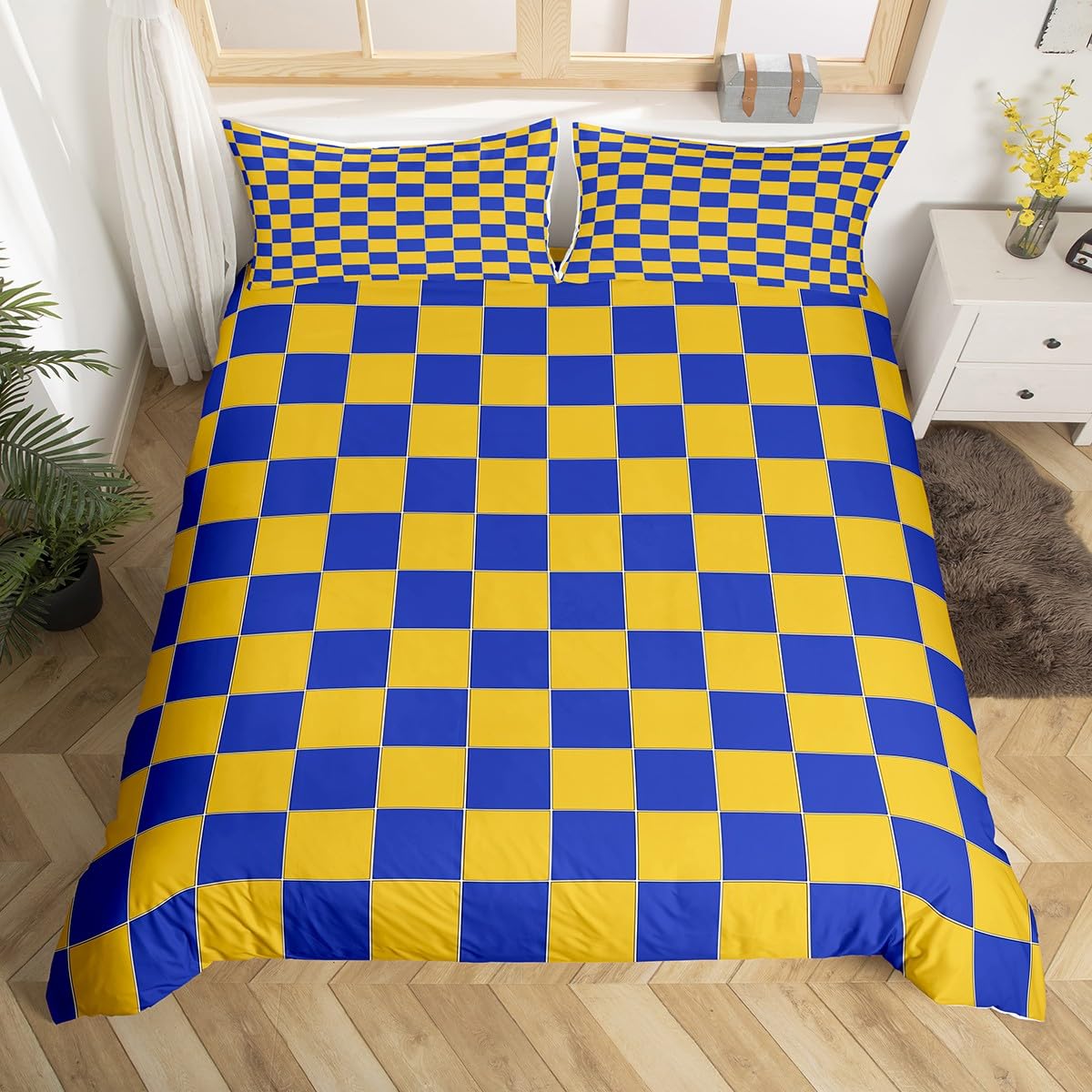 Geometric Plaid Duvet Cover King Yellow Blue Brown Checkerboard Bedding Set For Kids Boys Teen Adults,Checkered Grid Comforter Cover Modern Aesthetic Bed Set Room Decor Zipper
