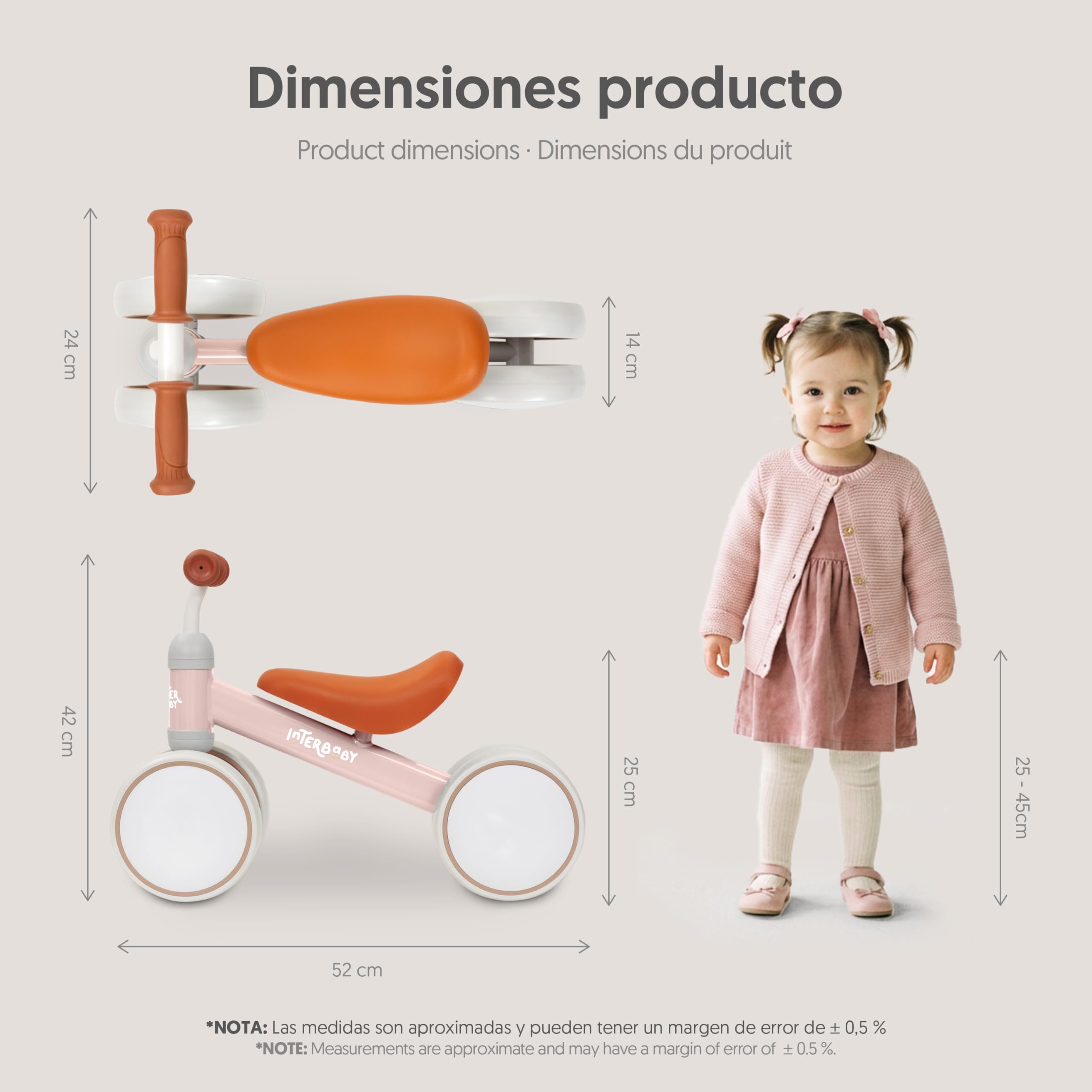 Interbaby Bicicleta sin Pedales Bebé 1 a 3 Años - Bicicleta de Equilibrio para Niños 12-36 Meses, Correpasillos Bebé Seguro 4 Ruedas, Primera Bici Niño 1-2 Años, Regalo Bebé 1 Año (Rosa)