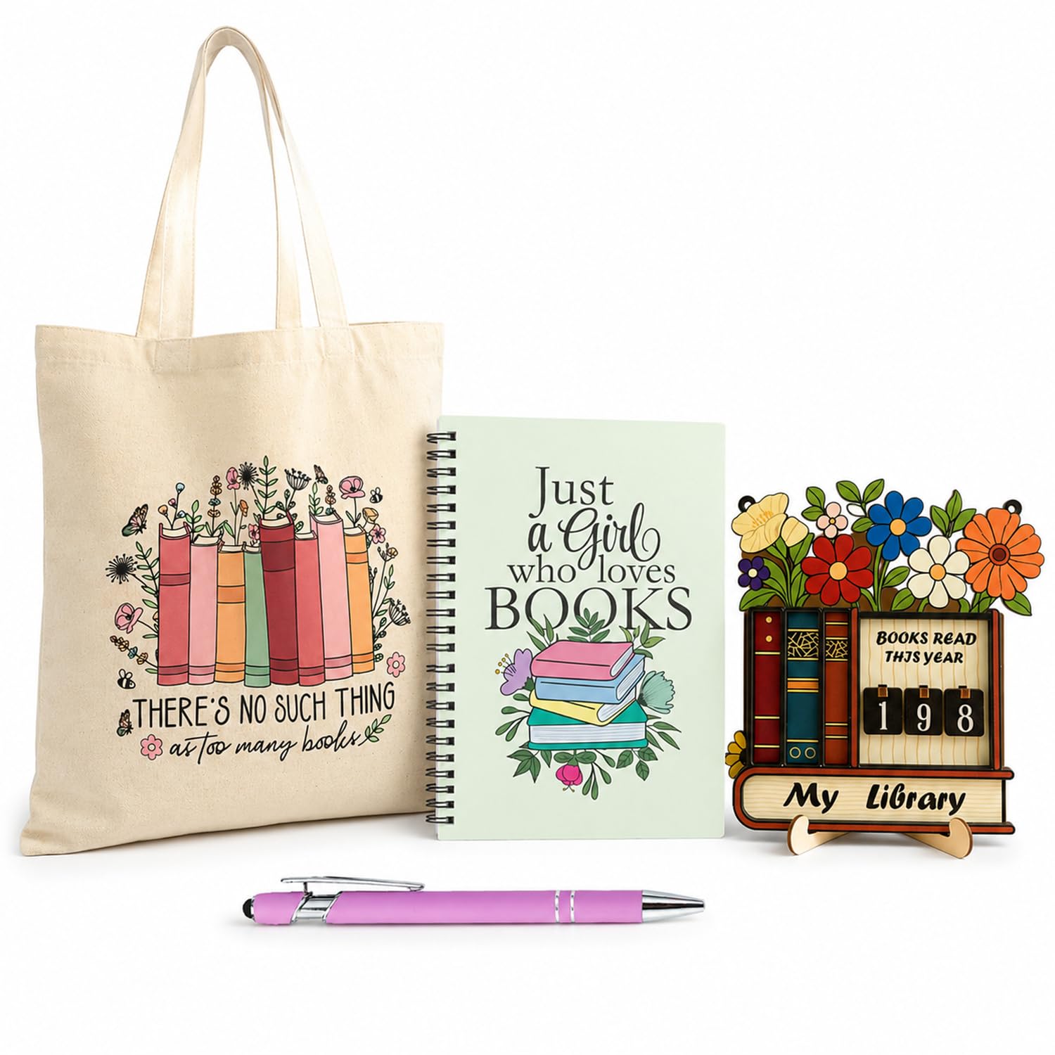 IGNITRON Book Lover Theme Gift Set, 4 Pcs Stationery Set with A5 Notebook Reading Counter Tote Bag Pink Pen, Inspirational Encouragement Gift for Friends Christmas — image 1