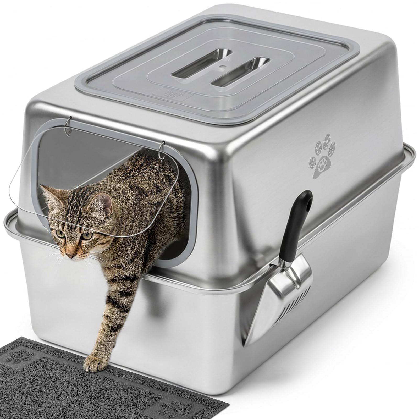 PTLOM XXL Katzenklo Edelstahl, Auslaufsicheres Katzenklo mit Deckel, großem Metall-Streubehälter, Geschlossenes Katzentoilette mit hohem Rand, inkl. Streuschaufel und Streumatte, 60x40x40cm