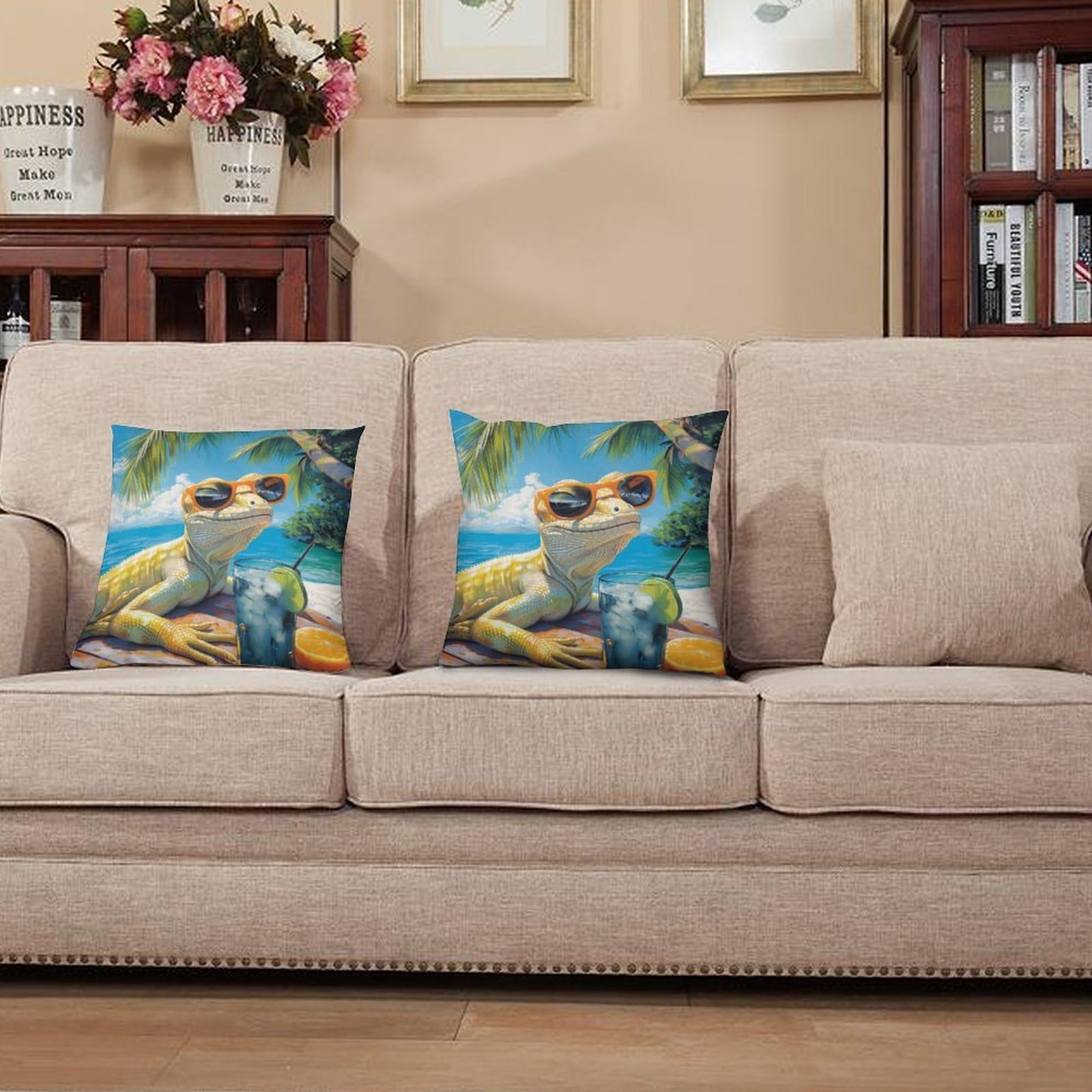 Ruioqaw Style-6 Tropical Iguana Relaxing By The Beach Pillows Cases Decorative Modern Throw Cushions Home Decor Decorations 18"X18"