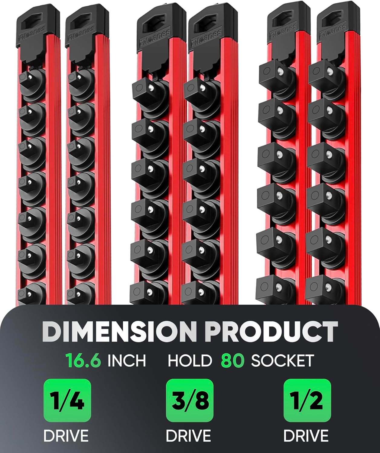 ALOANES Magnetic Socket Organizer Set, 6PC Heavy Duty Aluminum Socket Holder Organizer, 360° Swivel Clips Socket Holder Kit for Toolbox Drawer Fit 1/2, 3/8, 1/4-Inch x 80 Clips (Red, 6PC)