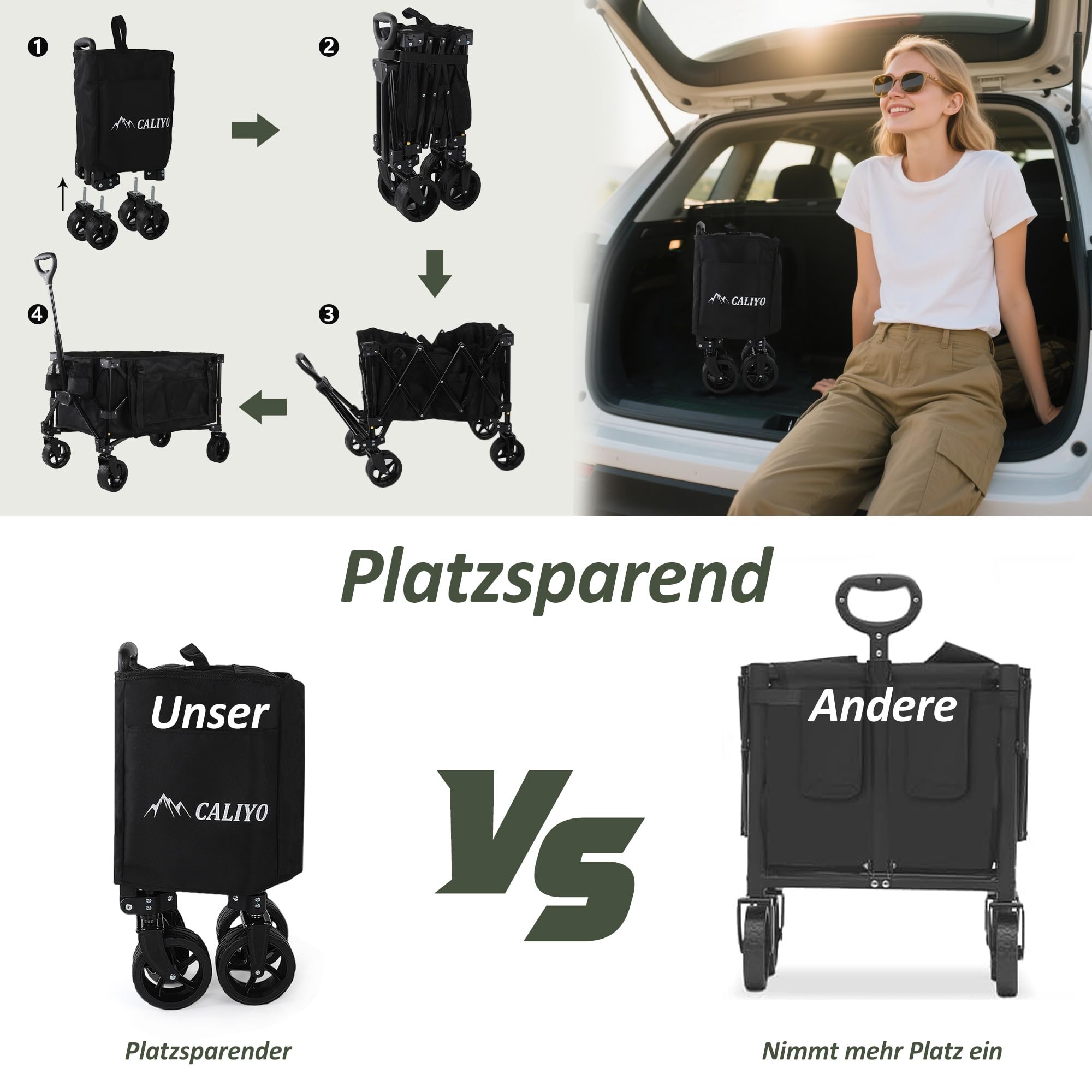 CALIYO Bollerwagen Faltbar 100L 100KG belastbar, Faltbarer Bollerwagen mit verstellbarem Griff, Handwagen Luftreifen für alle Gelände Camping Einkaufen Faltbollerwagen Schwarz