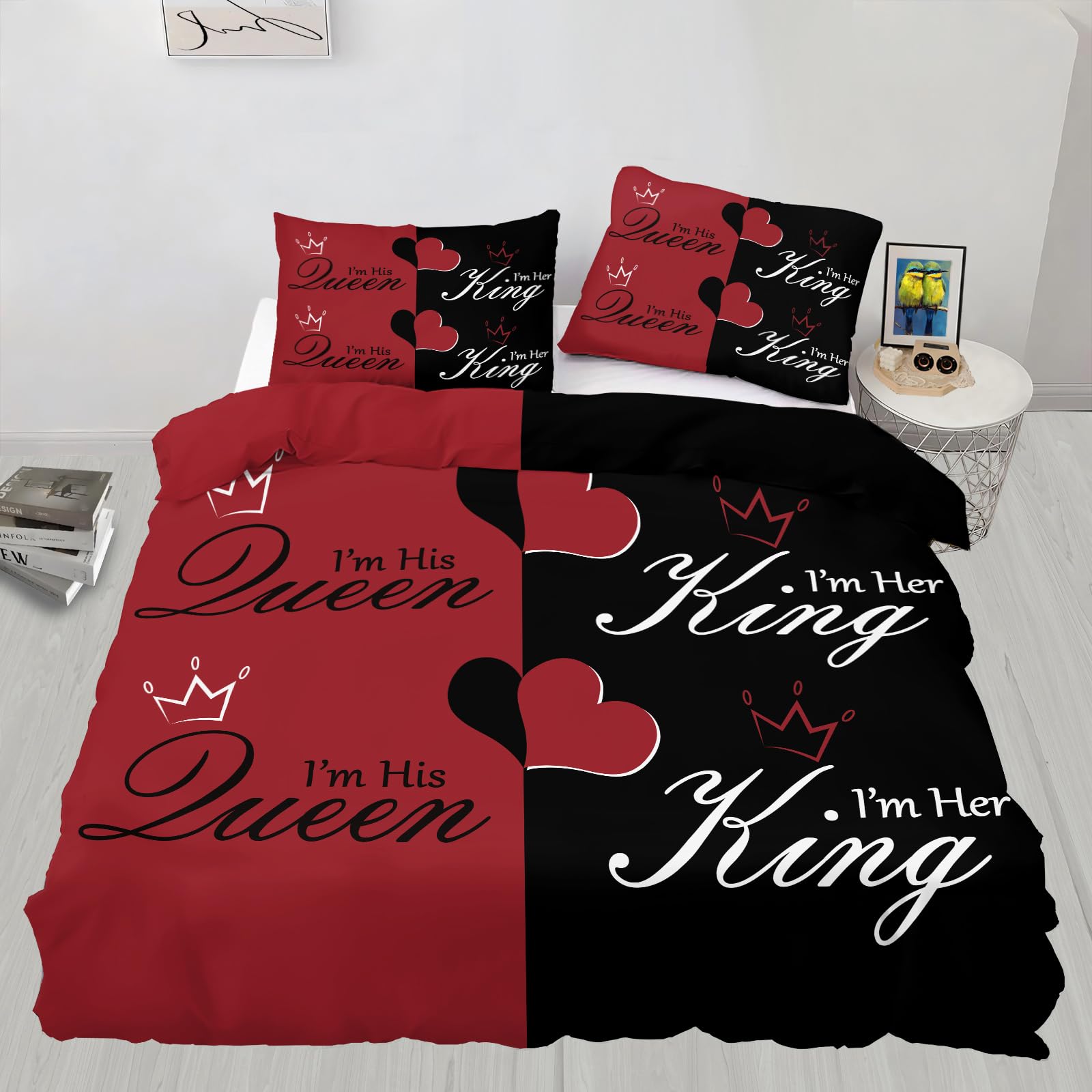 Romantisches King Queen Pärchen Bettwäsche Set Rot Schwarz Herz Krone Bettbezug mit Kissenbezügen Romantische Liebe Bettwäsche Liebesmotiv Schlafzimmer Dekor Super King 260x230 cm