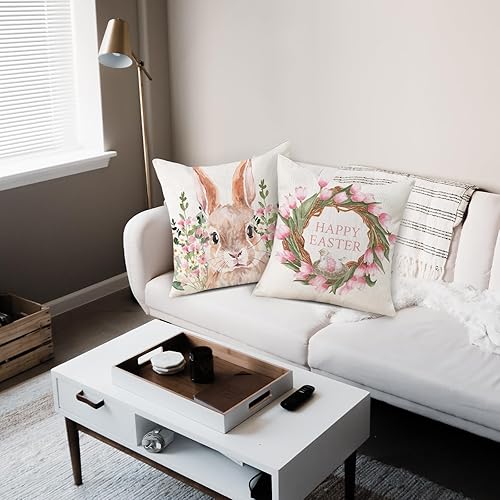 Miniatura 4 de TAJWE Fundas de almohada florales de Pascua de 20 x 20 pulgadas, juego de 2 fundas de cojín de flores de primavera, conejo, decoración de conejo