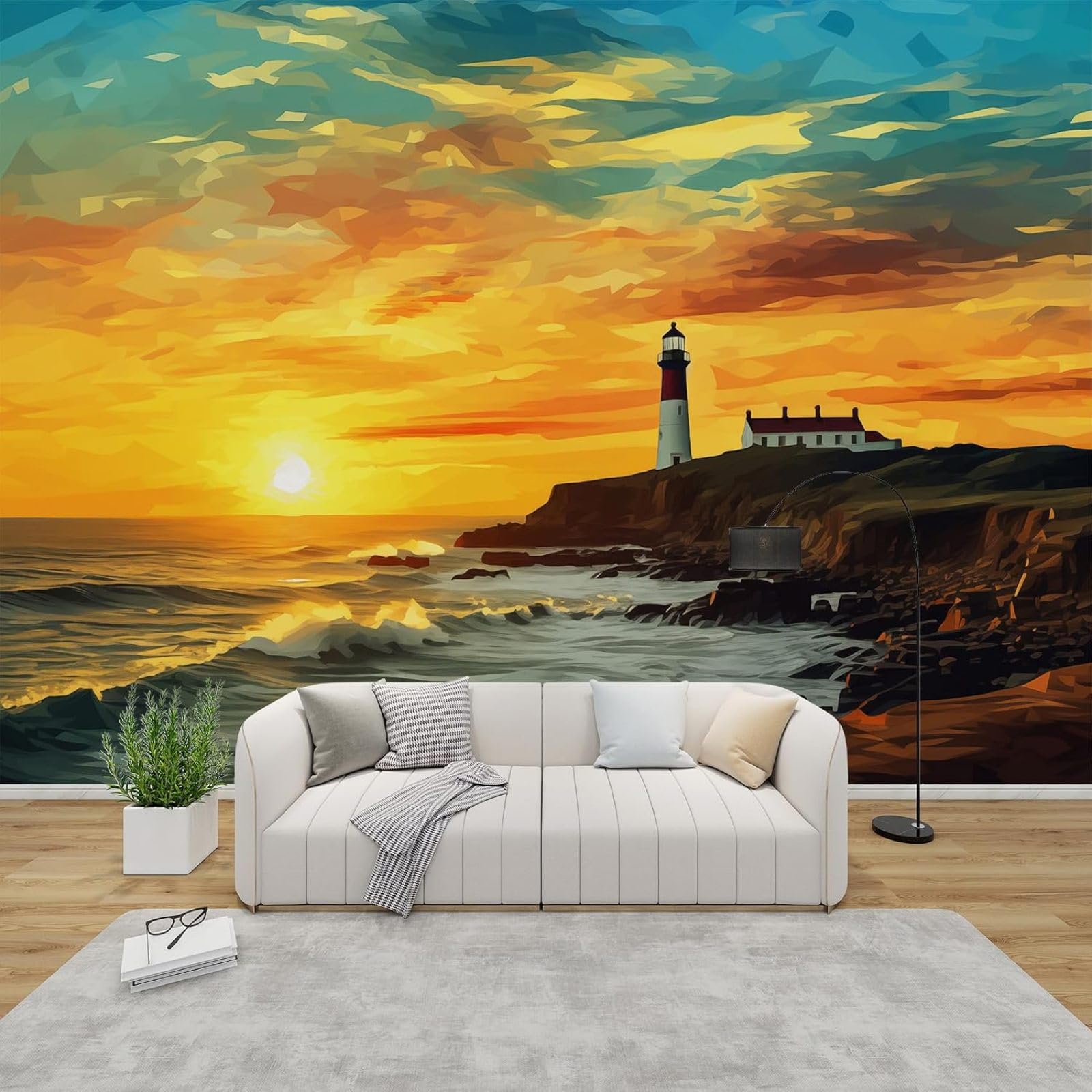 Hgjdjhnf 3D Mural Photo Mural - Wallpaper Lighthouse Sunset By The Sea Modern Wall Living Room Bedroom Children's Room Wall Decoration Motif,350Cmx256cm Poster - Wall Sticker - Frameless Picture