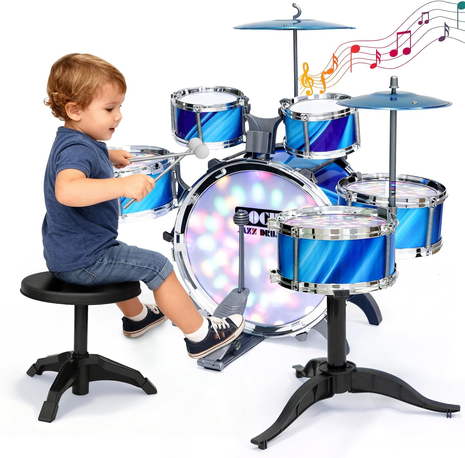 Upgraded Kids Drum Set with Lights: 6 Piece Jazz Drum Kit for Toddlers Ages 3-5, Plastic Musical Instrument Toy for Kids 3+, Early Learning Gift for Boys and Girls 3-8 (Blue)