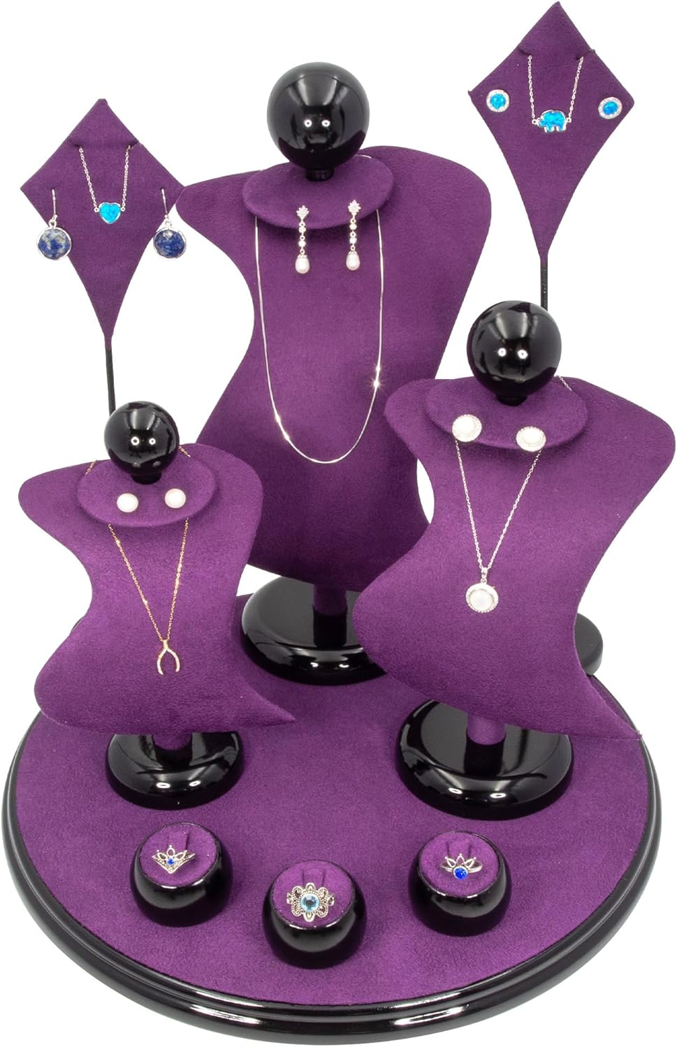 9 Piece Showcase Jewelry Display Set for Necklaces, Earrings, Rings, and Pendants. (Purple Faux Suede w/Black Wood Trim)