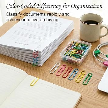 100Pcs Coloured Paper Clips Plastic-Coated Metal Paperclips with Storage Box Durable & Reusable Office Supplies Rust-Resistant for School Home Stationery DIY Bookmarks Document Organization