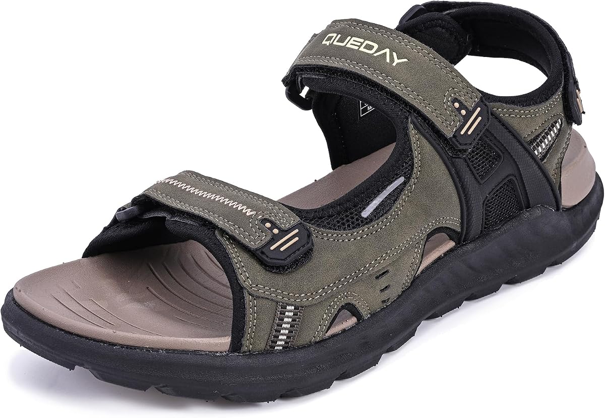 Sandalias de senderismo al aire libre con punta abierta para hombre Queday | Soporte para el arco, 3 correas ajustables, Suela de goma antideslizante, Económico para la playa, uso diario, caminar, pescar