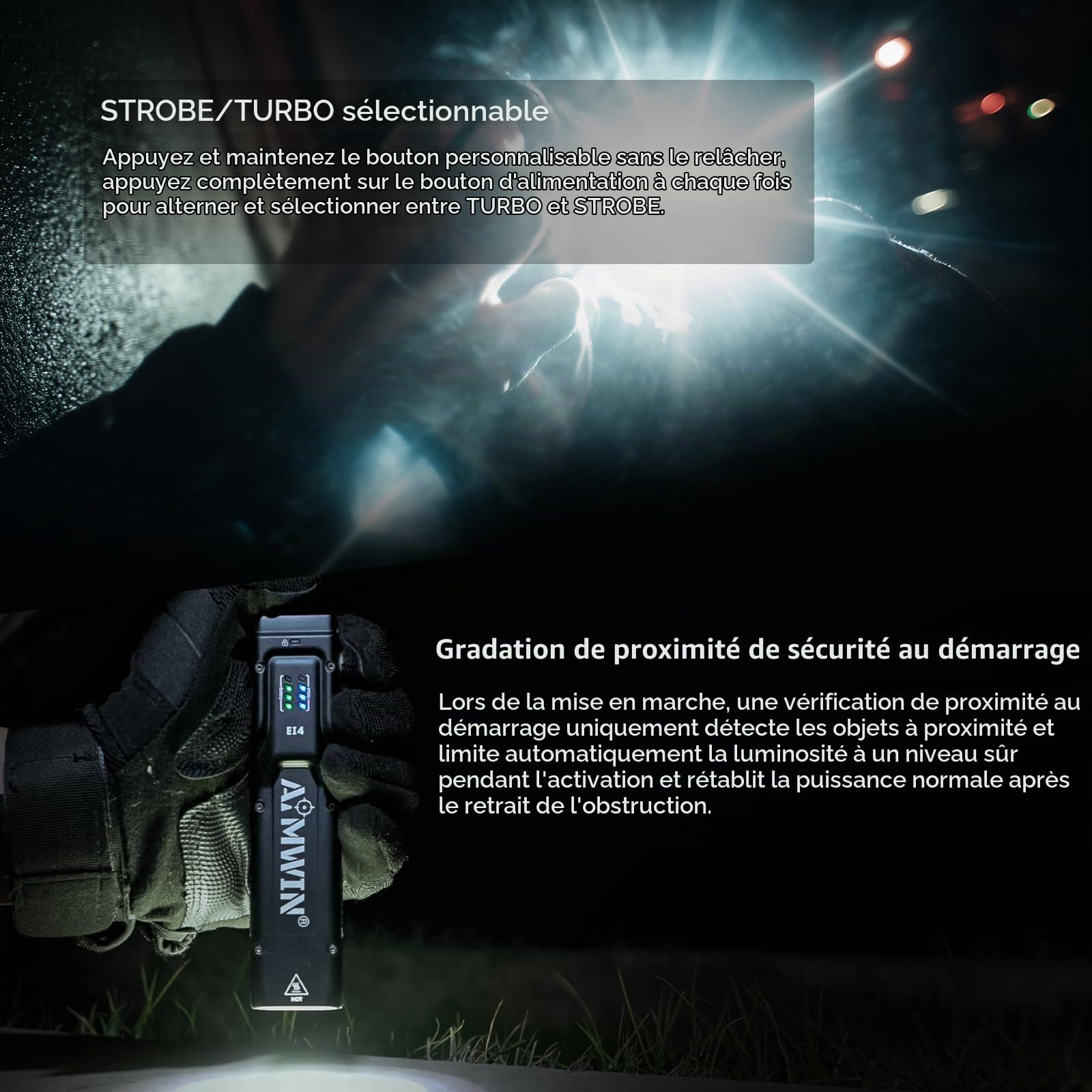 AIMWIN EI4 Lampe Torche LED Puissante 3000 Lumens Lampe de Poche Rechargeable USB C Portée 300m Lampe Tactique EDC Plate pour Camping Sécurité Double Interrupteur Mode Turbo Stroboscope