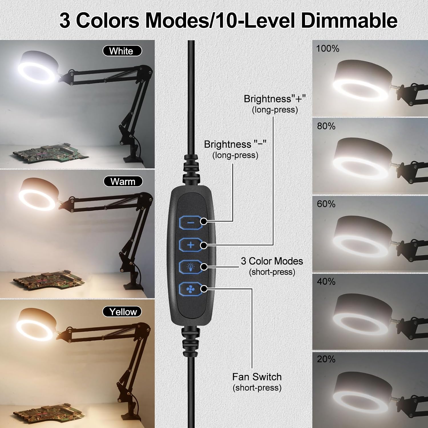 Solder Smoke Absorber Desk Lamps Fume Extractor Fan 7pcs Filter Include, 3 Color Modes and 10 Brightness Levels Workbench Light for Soldering, Repair, Reading, Welding or ESD DIY Work Desoldering
