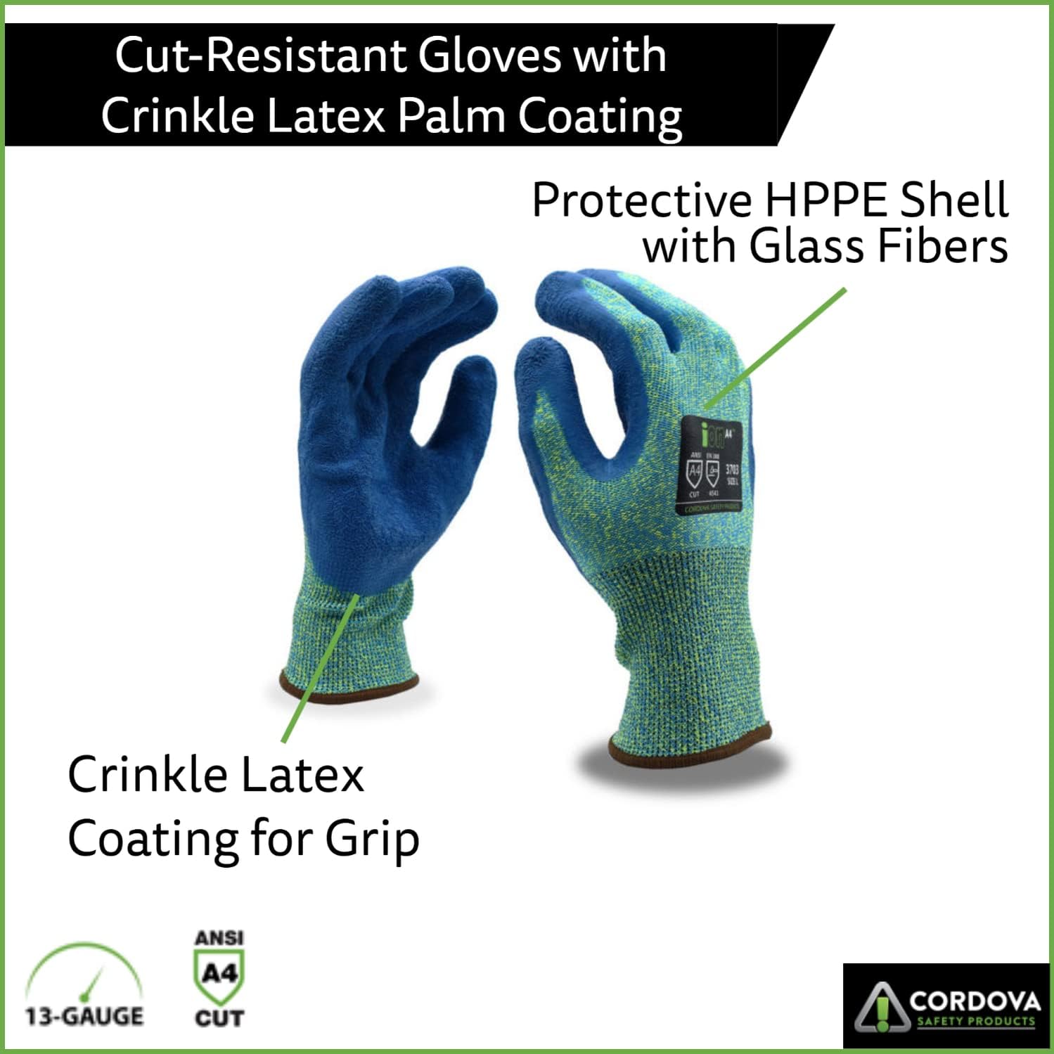 Cordova 3703 Ion A4 Gloves, Aqua 13-Gauge HPPE/Glass Shell, Blue Latex Palm Coating, ANSI Cut Level A4
