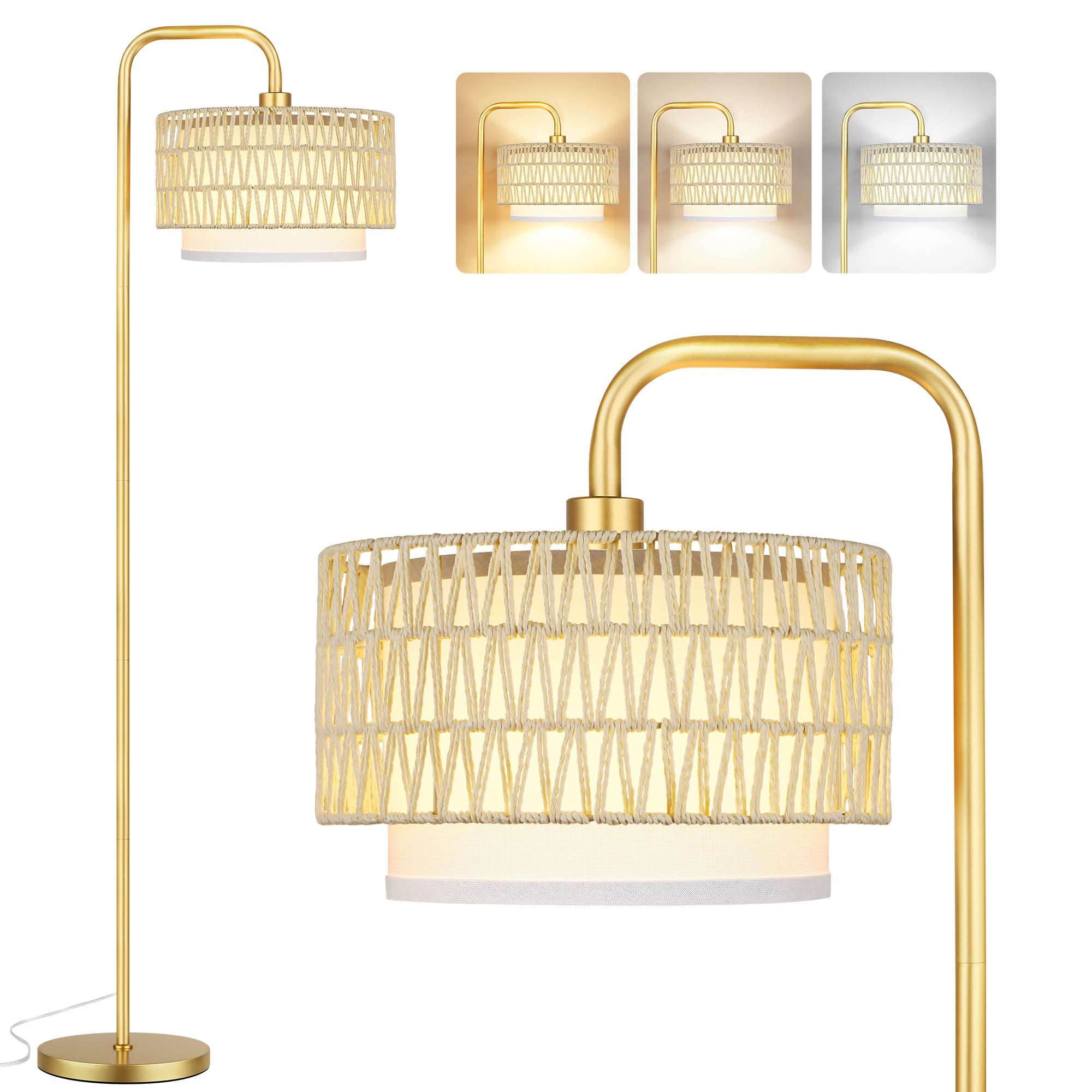 PARTPHONER Gold Floor Lamp for Living Room, Farmhouse Tall Lamp with 3 Color Temperatures Remote & Dimmable Bulb, Beige Rattan and Fabric Shades for Bedroom Study Room Office