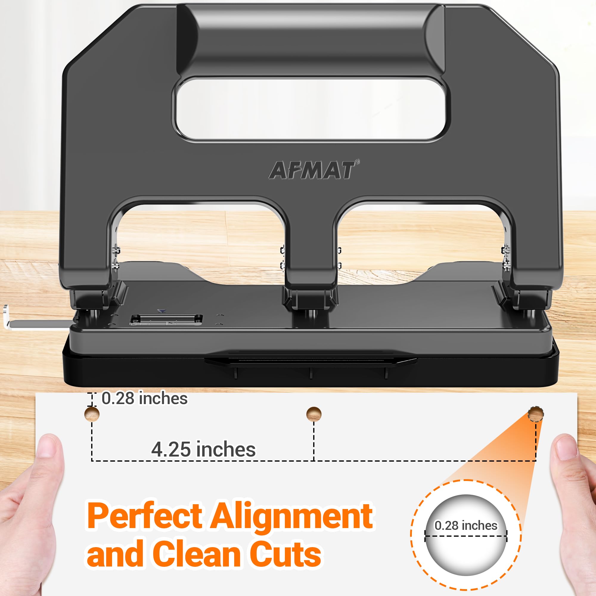Perforatrice a 3 fori, AFMAT Hole Puncher 3 anelli, 3 fori per raccoglitore, Perforatrice a tre fori resistente, 50% di sforzo ridotto, struttura in metallo, guida carta SS integrata, capacità 40