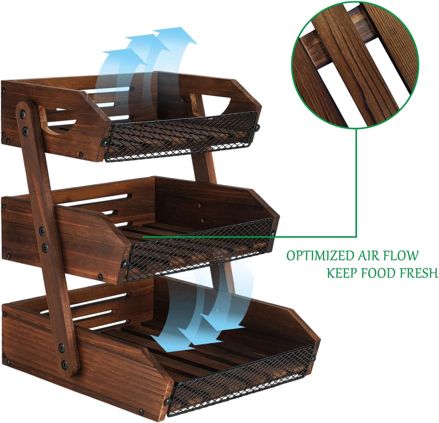 IBWell 3 Tier Fruit Basket for Kitchen Counter Farmhouse Wooden Fruit Holder for Countertop Kitchen Counter Organizer with 50pcs Deli Paper Tired Display Stand for Snack Bread - Image 3