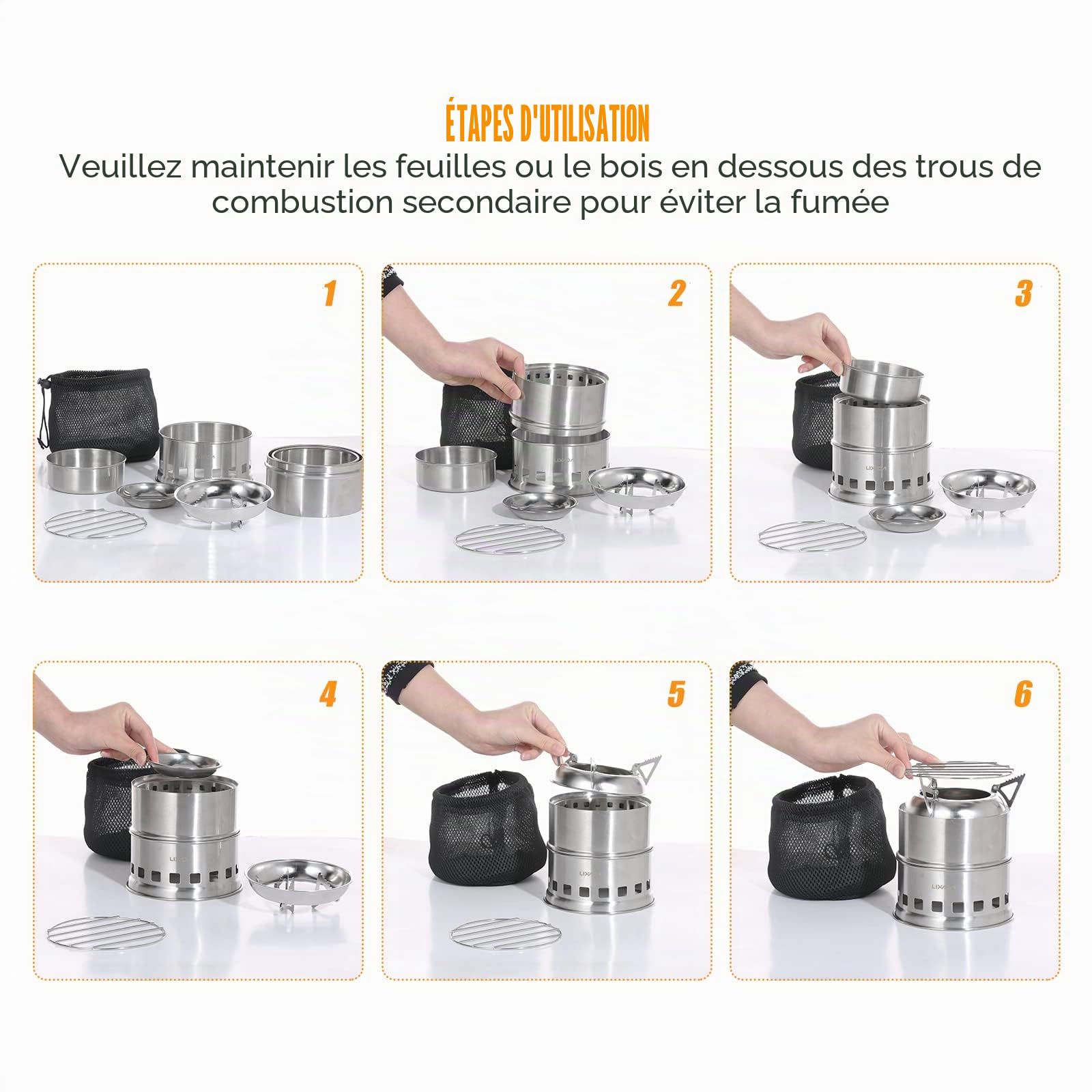 LIXADA Poêle à Bois Portable Extérieur en Acier Inoxydable Léger Réchaud Domestique Détachable Pique-Nique Poêle à Alcool Camping Poêle Coupe-Vent