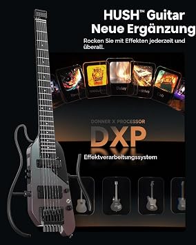 Donner HUSH X PRO Electric Guitar Kit - Intelligent Travel Guitar with Dozens of Preset Combinations 7 Tone Sim Options Midnight Glow