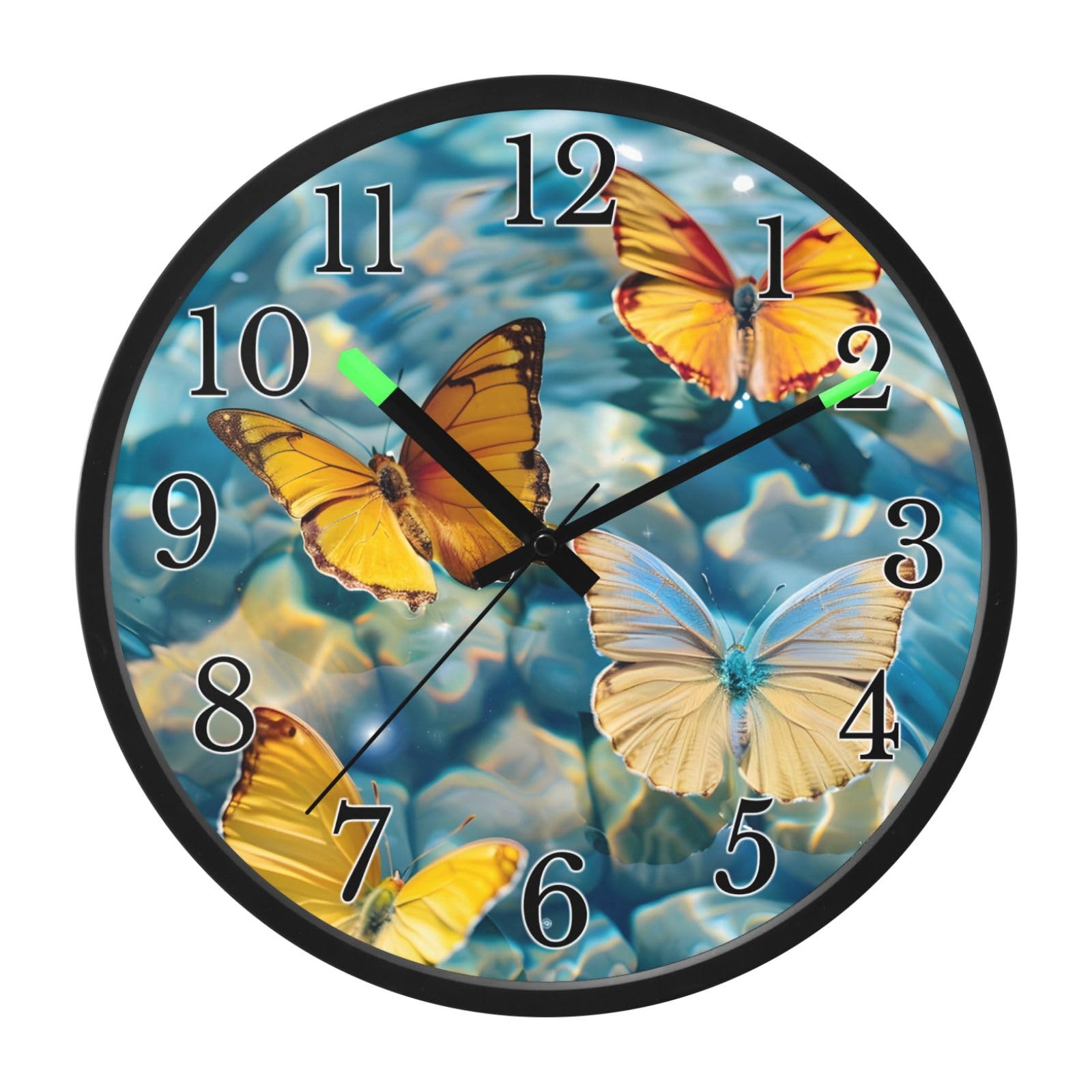 Mnsruu Reloj de pared luminoso con mariposas tropicales, color naranja, funciona con pilas, silencioso, brilla en la oscuridad, para sala de estar, cocina, 12 pulgadas