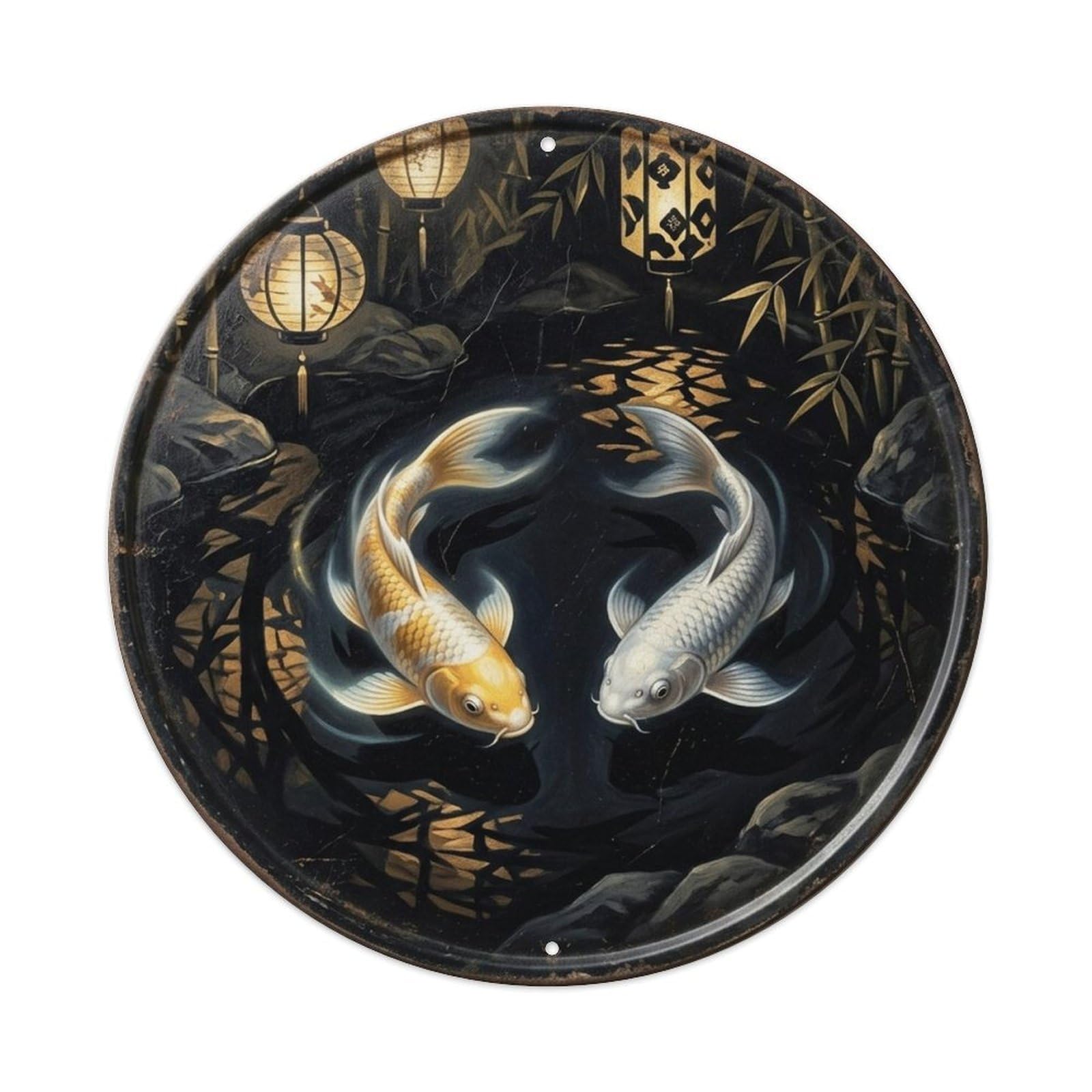 Feng Shui Koi Pond Obsidian Shadow Pool Asian Harmony Metal Tin Sign Plaque Wall Decor for Cafe, Man Cave, Club Bar, Office, Home Garden Round Metal Poster 8x8Inch