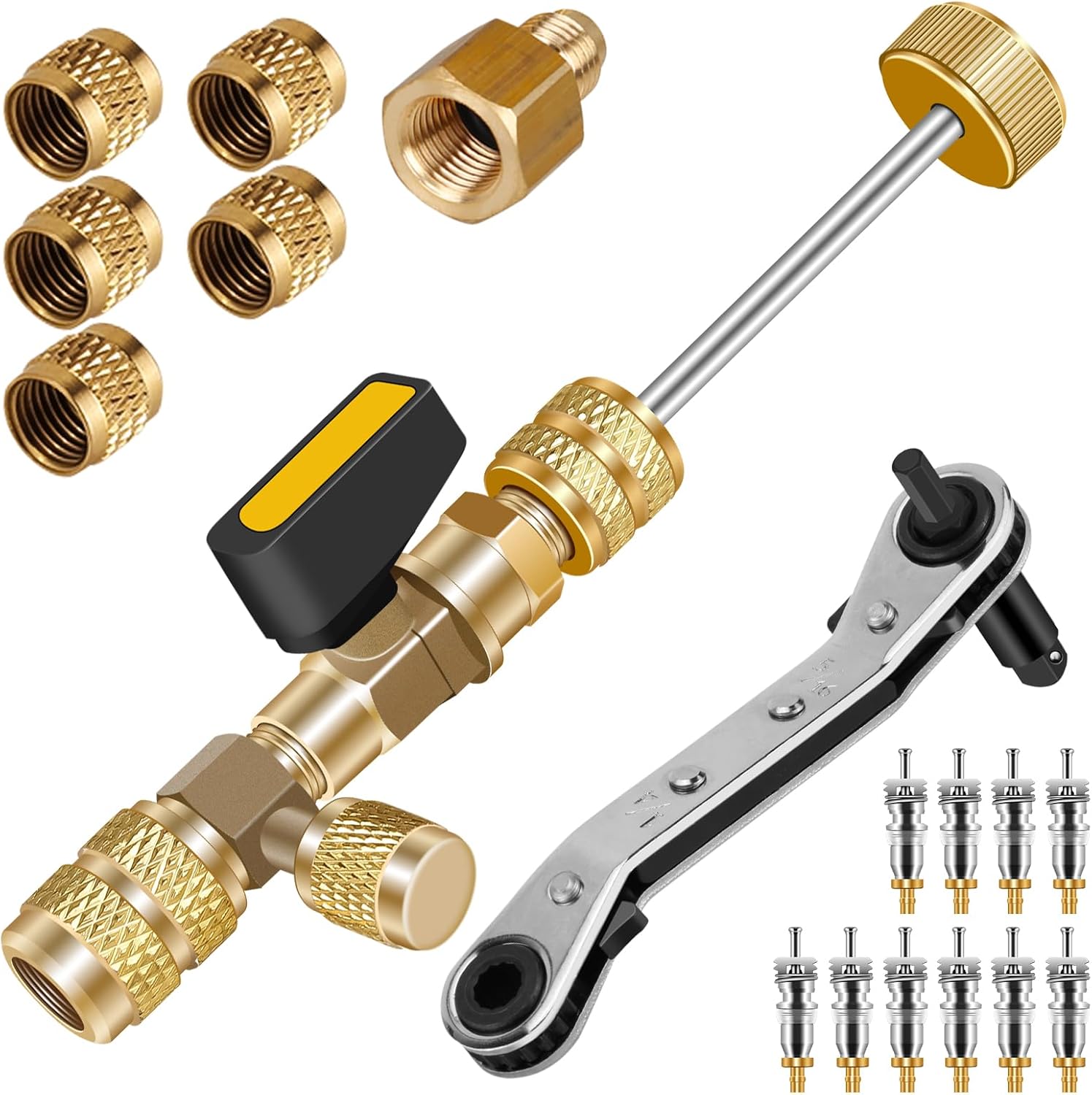 Valve Core Remover Installer Tool Kit, Dual Size 1/4" & 5/16" SAE Ports, Schrader Valve Removal Tool, Compatible with R22 R32 R410A R134a, Including Ratchet Wrench, 10 Pcs Valve Core, 5 Pcs Brass Nut