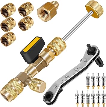 Valve Core Remover Installer Tool Kit 1/4" & 5/16" SAE Ports | Schrader Valve Removal Tool, for R22 R32 R410A R134a Including Ratchet Wrench, 10 Pcs Valve Core 5 Pcs Brass Nut
