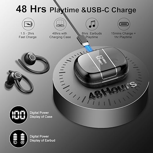 Miniatura 4 de Auriculares inalámbricos Bluetooth 5.3 deportivos, reproducción de 48 horas con micrófono CVC8.0, auriculares estéreo Bluetooth con ganchos para los