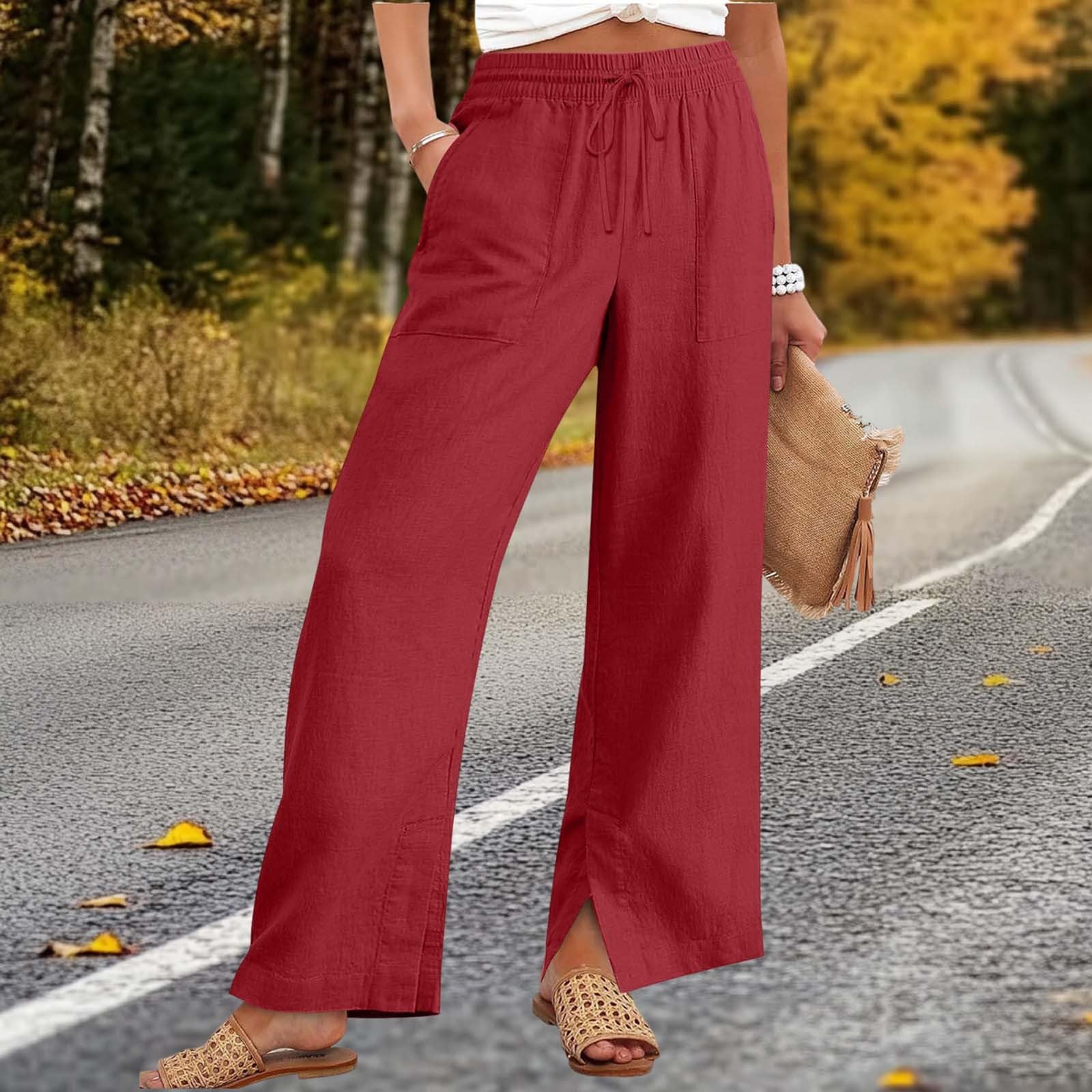 Generisch Pantalon de loisirs pour femme - Pantalon d'été en coton - Couleur unie - Pantalon de jogging - Taille élastique avec cordon de serrage - Jambe large - Avec poches - Pantalon de plage
