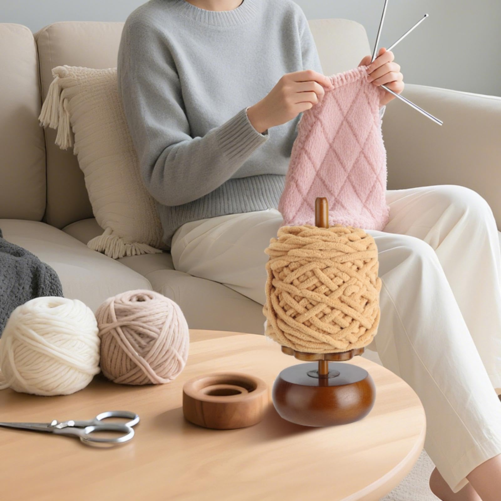 Garnhalter Spindelspender Garnspinner für Häkeln und Stricken Aufbewahrungsbox mit Deckel- Walnussfarbe