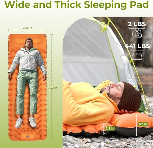 Miniatura 2 de ATEPA Colchoneta inflable ultraligera para acampar y mochileros, con bomba de pie y almohada integradas, 77 x 27 pulgadas, impermeable y compacta,