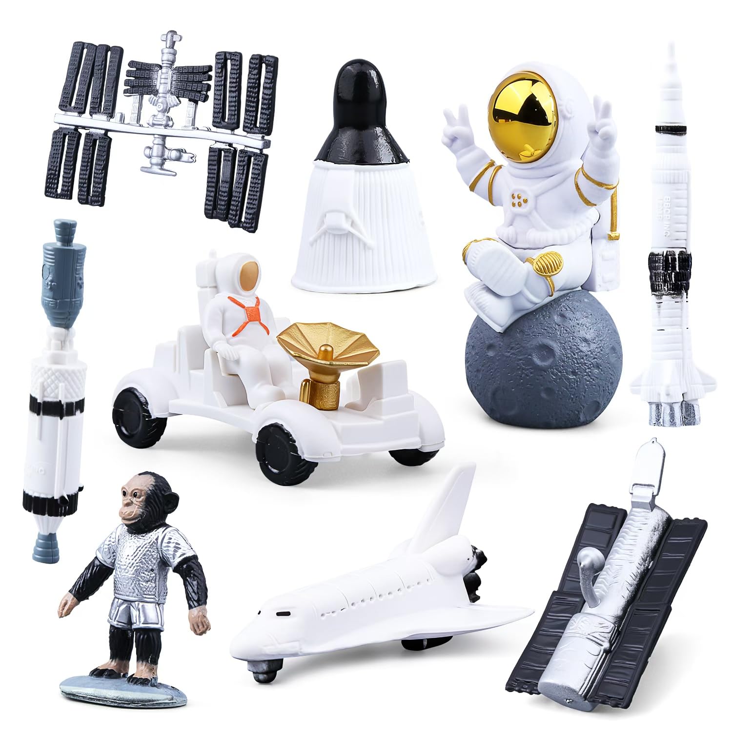 9 Pcs Astronaut Figurines Mini Space Toys Spaceman Theme Decor Set | Includes Rocket, Space Car, Spaceship and Satellites, Ideal for Cake Topper, Desk Decor, Birthday Party Supplies & Gifts