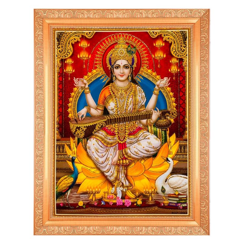 Cadre photo Saraswati Mata avec dorure Zari BM TRADERS 28x36 cm