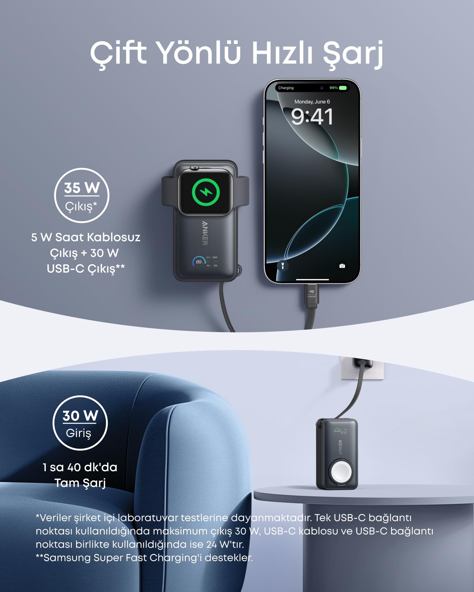 Anker MagGo Power Bank (10K, 35W, Apple Watch Uyumlu) Siyah