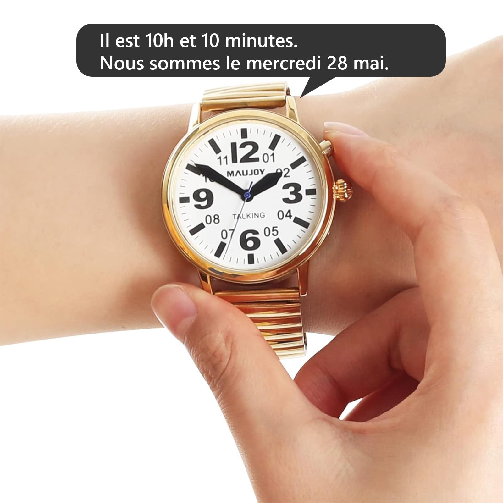 Montre parlante Anglaise pour Homme et Son Fort, Annonce l'heure | Annonce en français + réglages vocaux, alarme et carillon horaire adaptés aux seniors et malvoyants