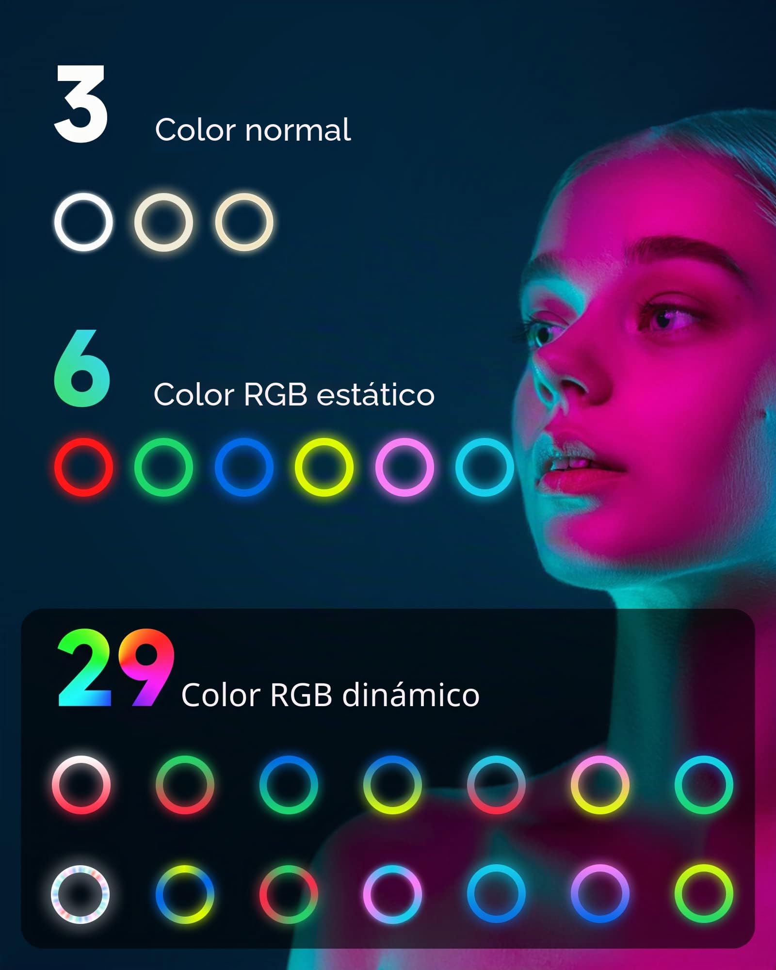Aro De Luz con Tripode Alto - QIUOIO Anillo De Luz LED 10.2'' para Movil con 35 Modos RGB - Ring Light 3 Efectos de Iluminación y 10 Brillo Ajustable - Se Pueden Usar para Disparos TikTok Twich Live