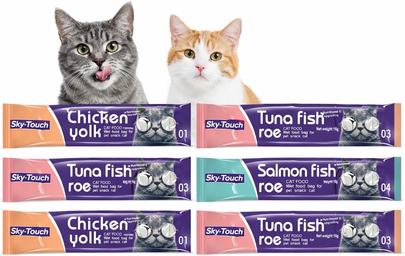 SKY-TOUCH 6Pcs Wet Cat Treats : Lickable Cat Food Wet Squeeze Up Interactive Cat Snack Strips with 3 Flavors (Tuna&Fish Roe, Chicken&Yolk, Salmon&Fish Roe, 16g Each) for All Cats (6Pack 96g)