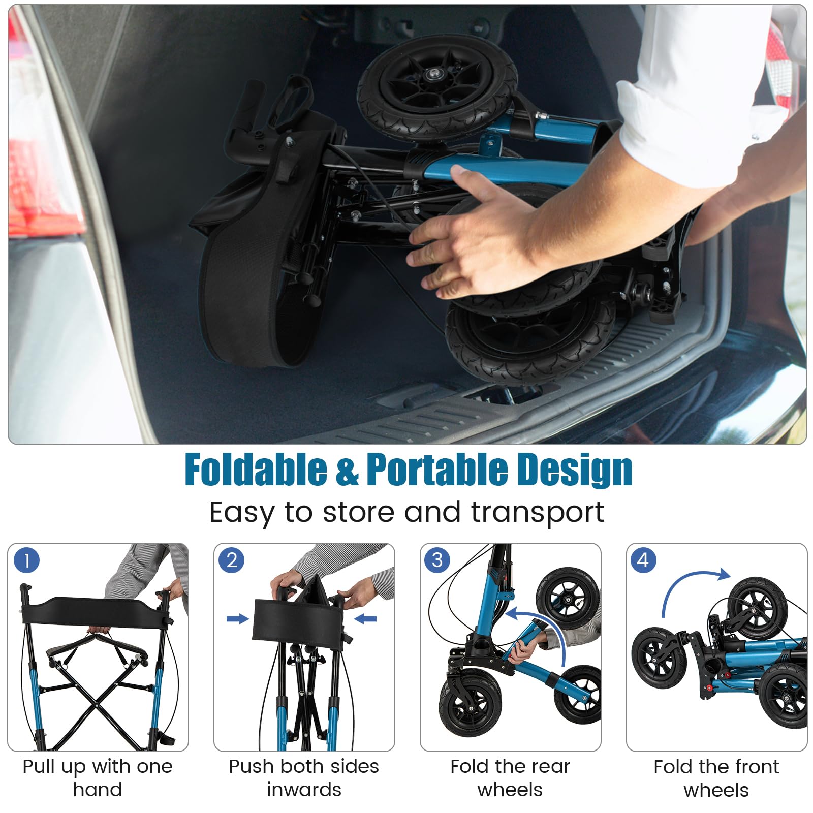 HOMASIS 2 in 1 Deambulatore per Anziani con Seduta, Deambulatore Pieghevole e Regolabile in 7 Altezze, Carrello Rollator in Alluminio per Anziani da Viaggio con Borsa, Fino a 140 kg (Blu)