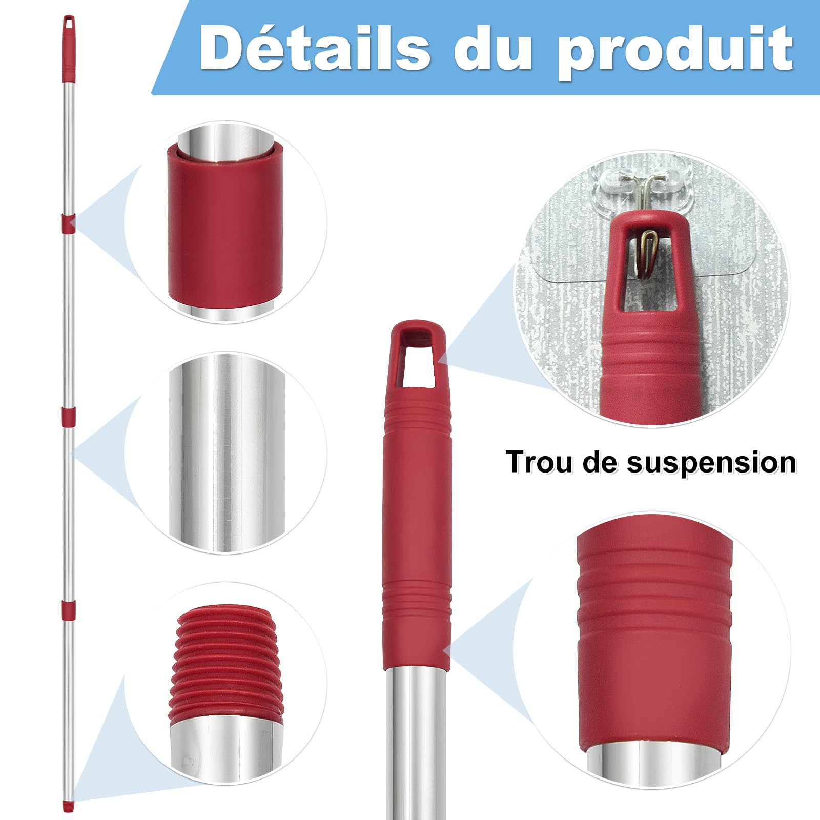 1PC Manche de Serpillière de Remplacement 4 Sections Réglable Acier Inoxydable Compatible Avec Vileda Spin Turbo Easy Wring Mop Barres de Serpillière Réglables