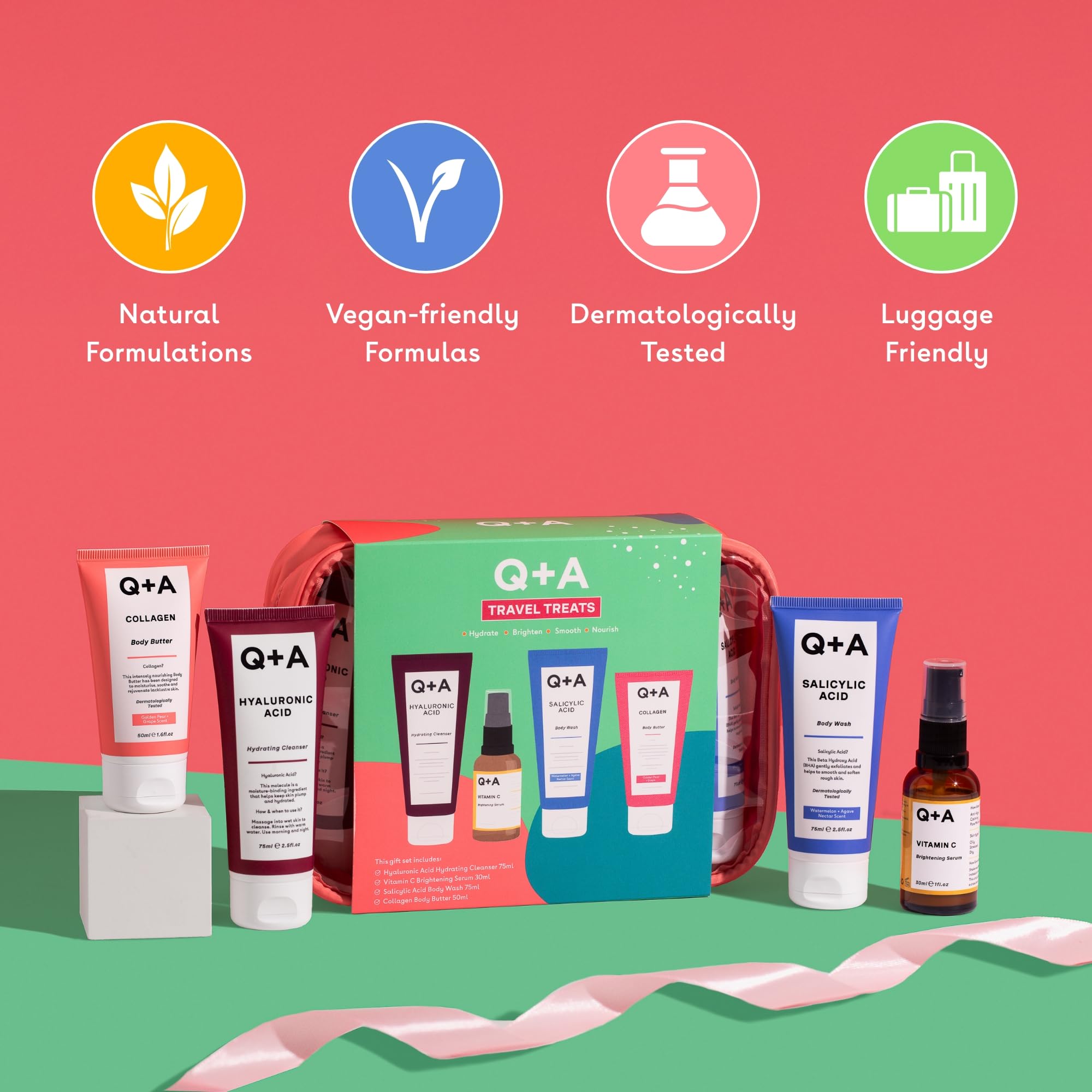 Q+A Travel Treats Gift Set, 4-Piece Skincare & Bodycare Minis with Travel Bag, Hydrating Facial Cleanser (75ml) - Image 3