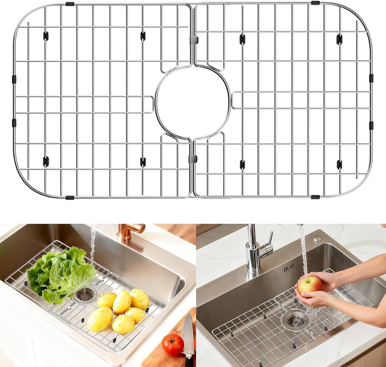 Stainless Steel Sink Protectors for Kitchen Sink, 26"×14” Sink Rack with Center Hole & Center Drain, Split Design Sink Grid Sink Grate for Single Bowl Farmhouse Kitchen Sinks