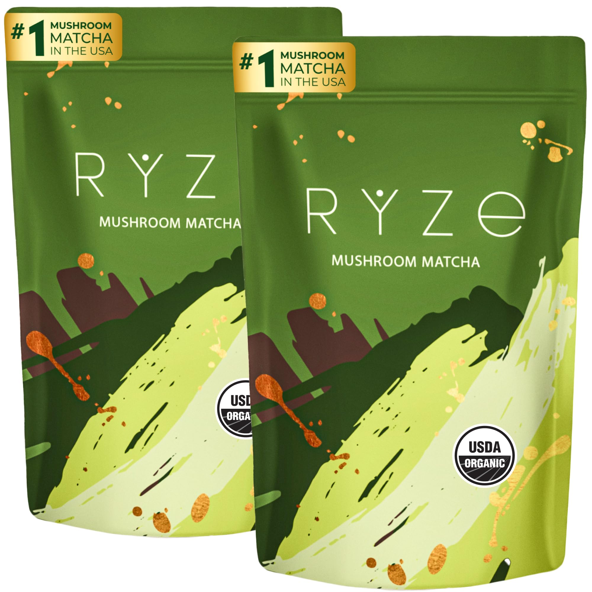 RYZE SUPERFOODS Mushroom Matcha Starter Kit USDA Organic with 6 Adaptogenic Mushrooms and Ceremonial-Grade Matcha Energy Focus Digestion