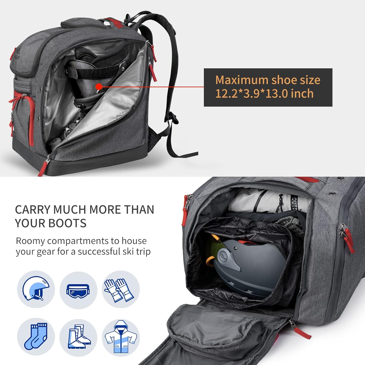 Unigear SKI-MOGUL Ski Boot Bag - 60L Fully Padded Ski Snowboard Boot Travel Backpack for Ski Helmet,Goggles,Gloves,Jackets and Accessories