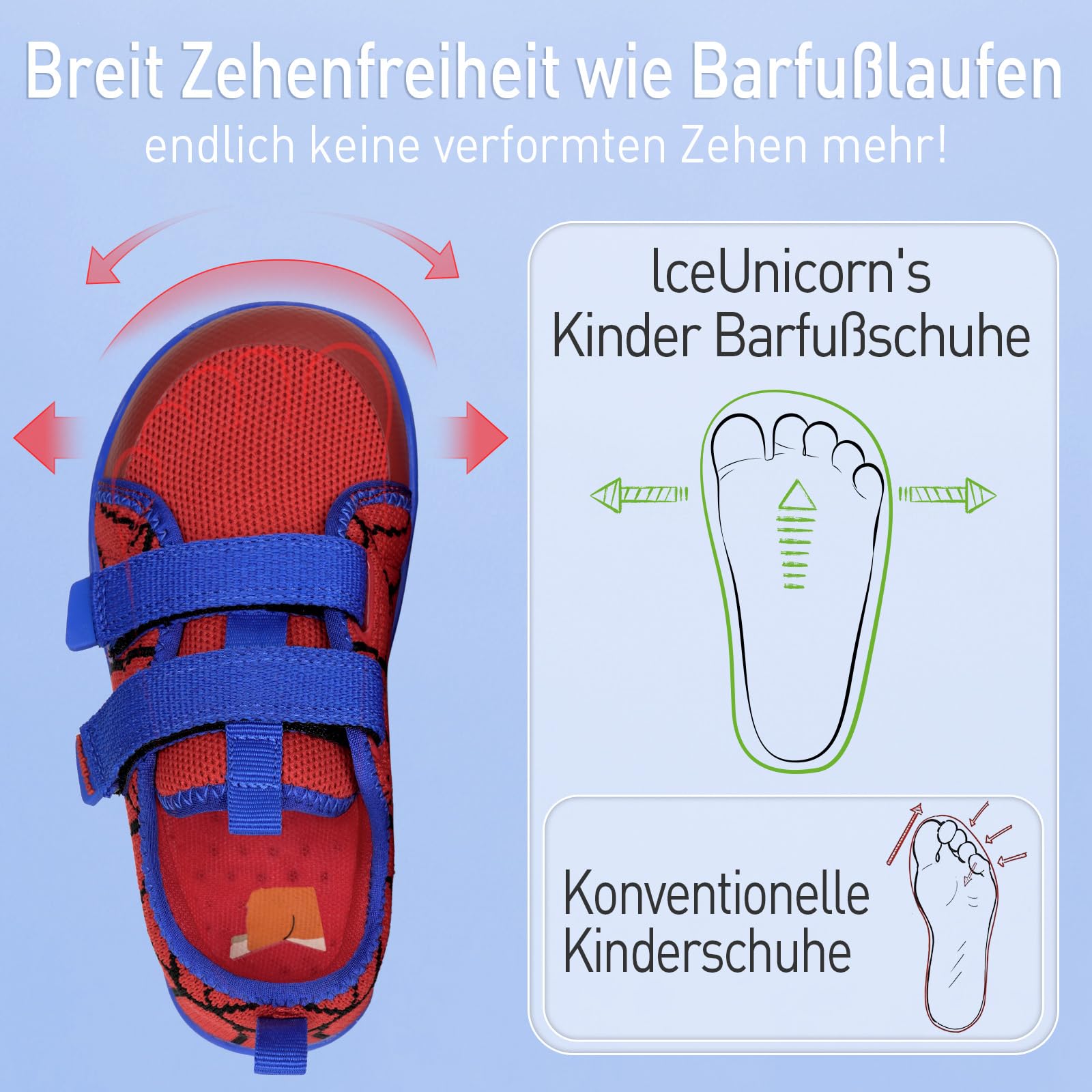 IceUnicorn Kinder Barfußschuhe Breite Zehenbox Jungen Mädchen Hausschuhe Minimalistische Outdoor Traillaufschuhe Walking Schuhe(Rot Blau, 28EU Weit)
