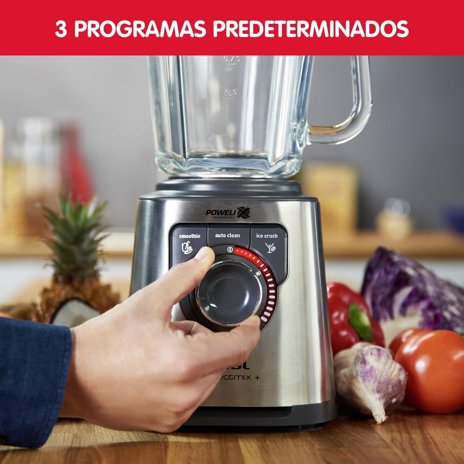 Moulinex Perfect Mix+, Batidora de vaso 1200 W, jarra de vidrio resistente, acabados en acero inoxidable, selector de velocidad retroiluminado, 3 programas automáticos, modo manual y autoclean, LM811D