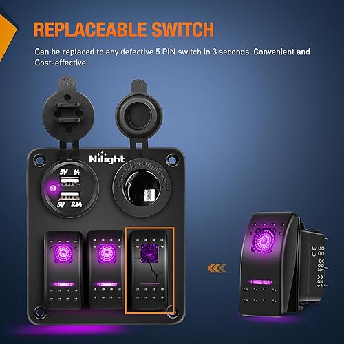 Miniatura 6 de Nilight Paquete de 3 interruptores basculantes con calcomanías de brillo nocturno encendido apagado 5 PIN SPST interruptor LED rosa púrpura