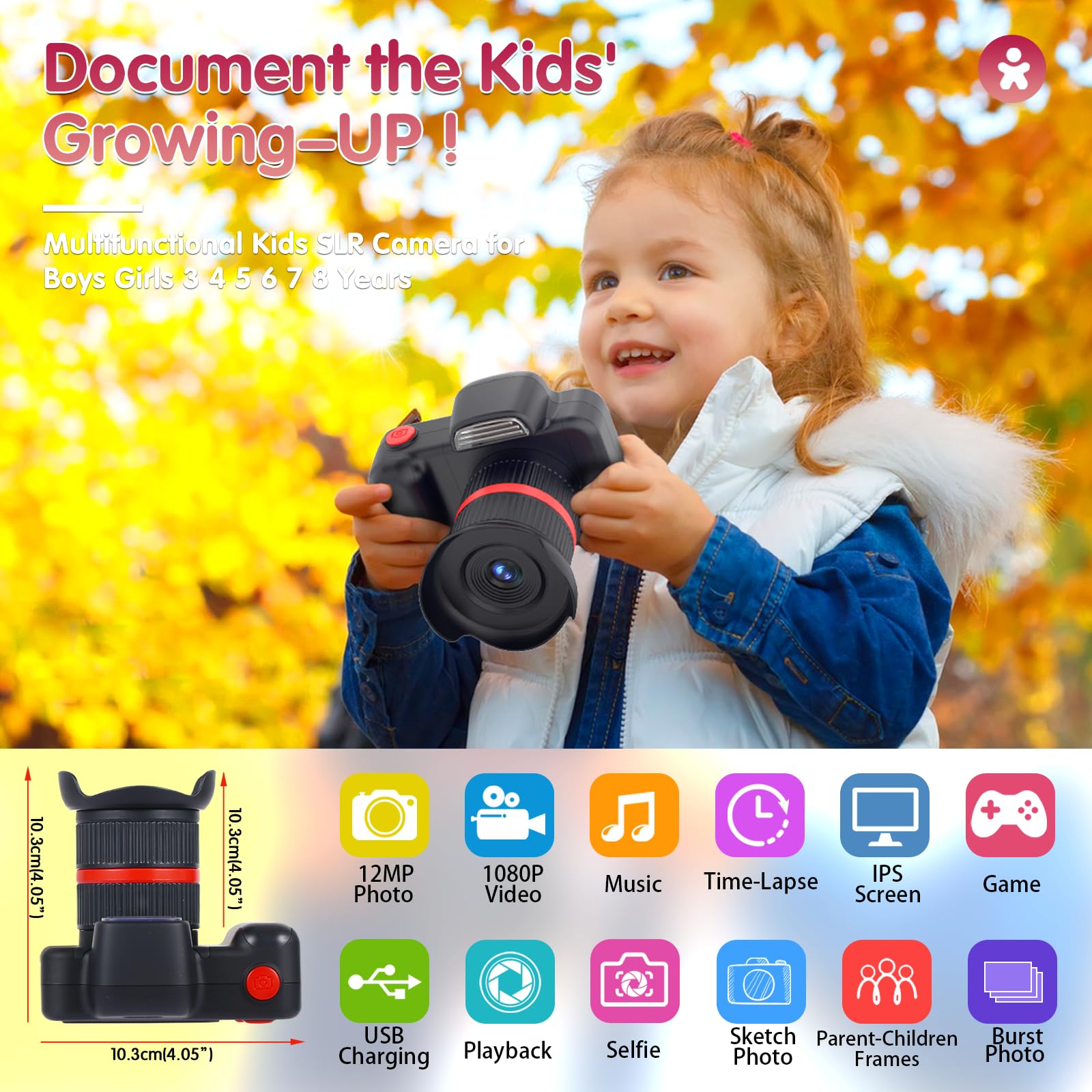 YunLone Macchina Fotografica Bambini 12MP Selfie Ricaricabile Fotocamera Digitale Bambina Musicale Videocamera per Ragazze Ragazzi 3-10 Anni -Black