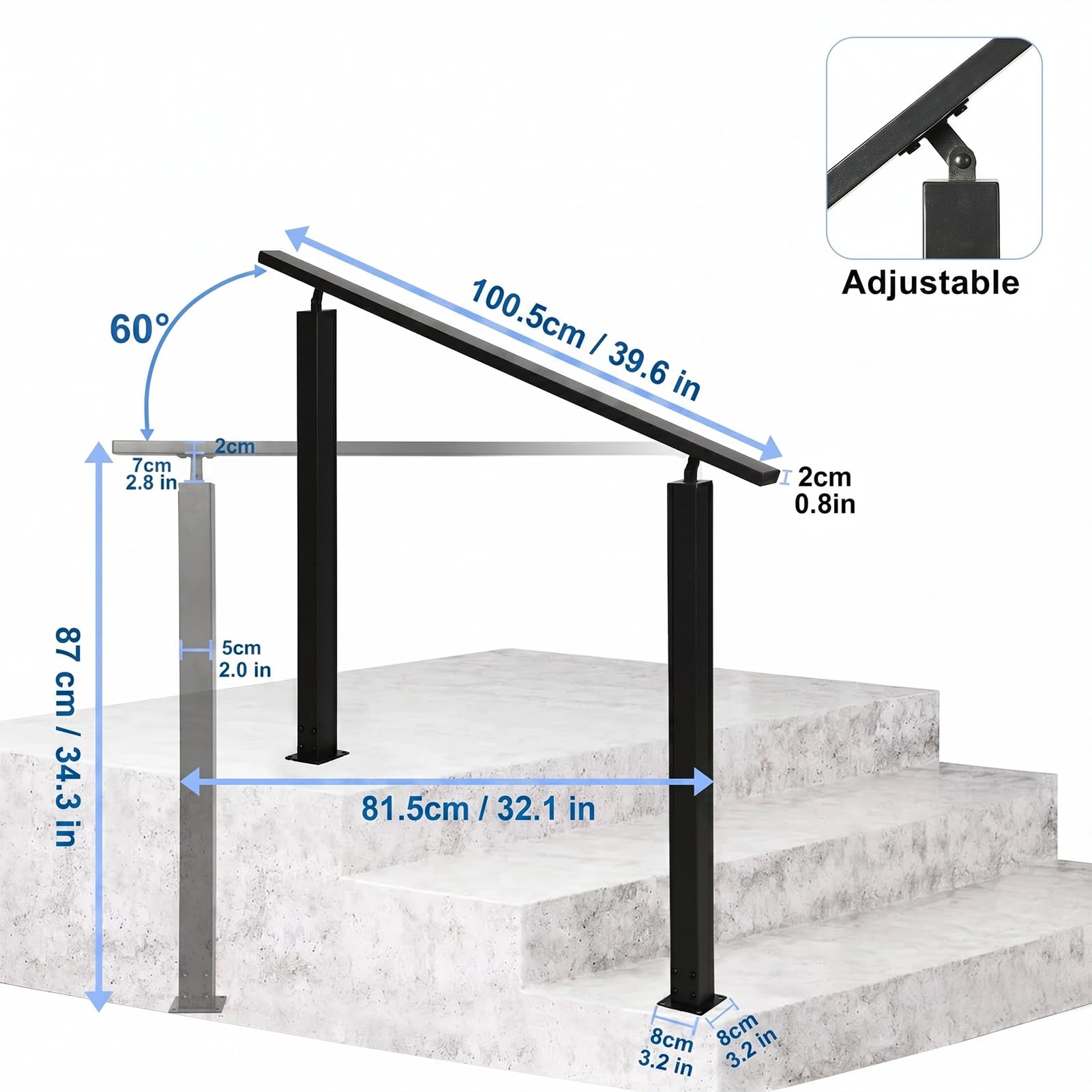 Ringhiera per esterno, 2–3 gradini, ringhiera per scale per esterno moderna, regolabile, ringhiera per scale in metallo, ringhiera per scale per interno, corrimano per scale nero per ville, corridoi